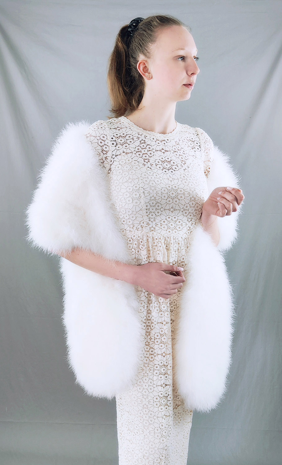 Châle Hiver Femme – Plume Naturelle – Blanc – Ruban – Uni – Vintage