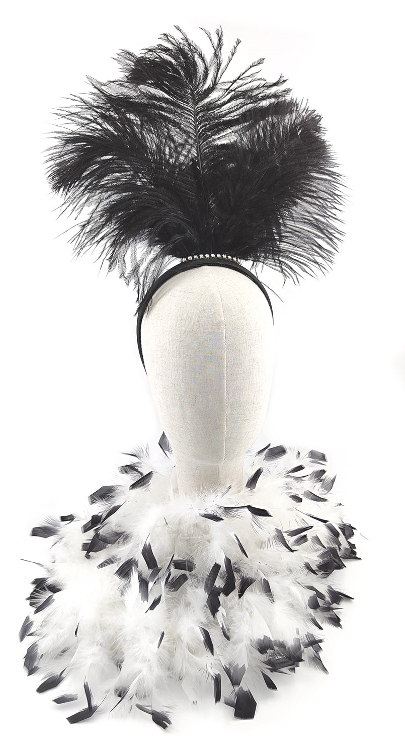 ensemble plume cerre tete boa 2 couleur noir blanc