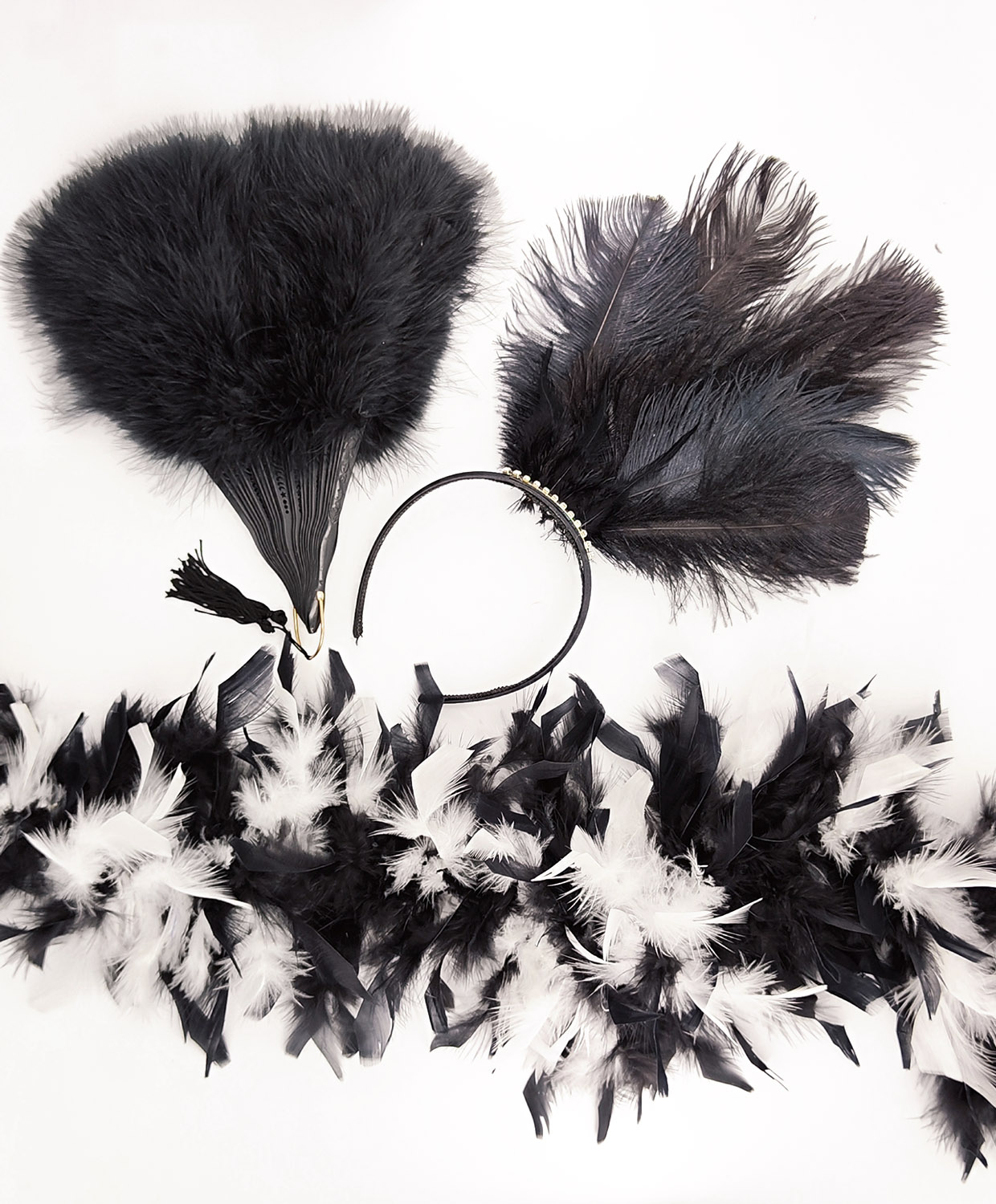 ensemble plume cerre tete boa eventail 2 couleur blanc noir