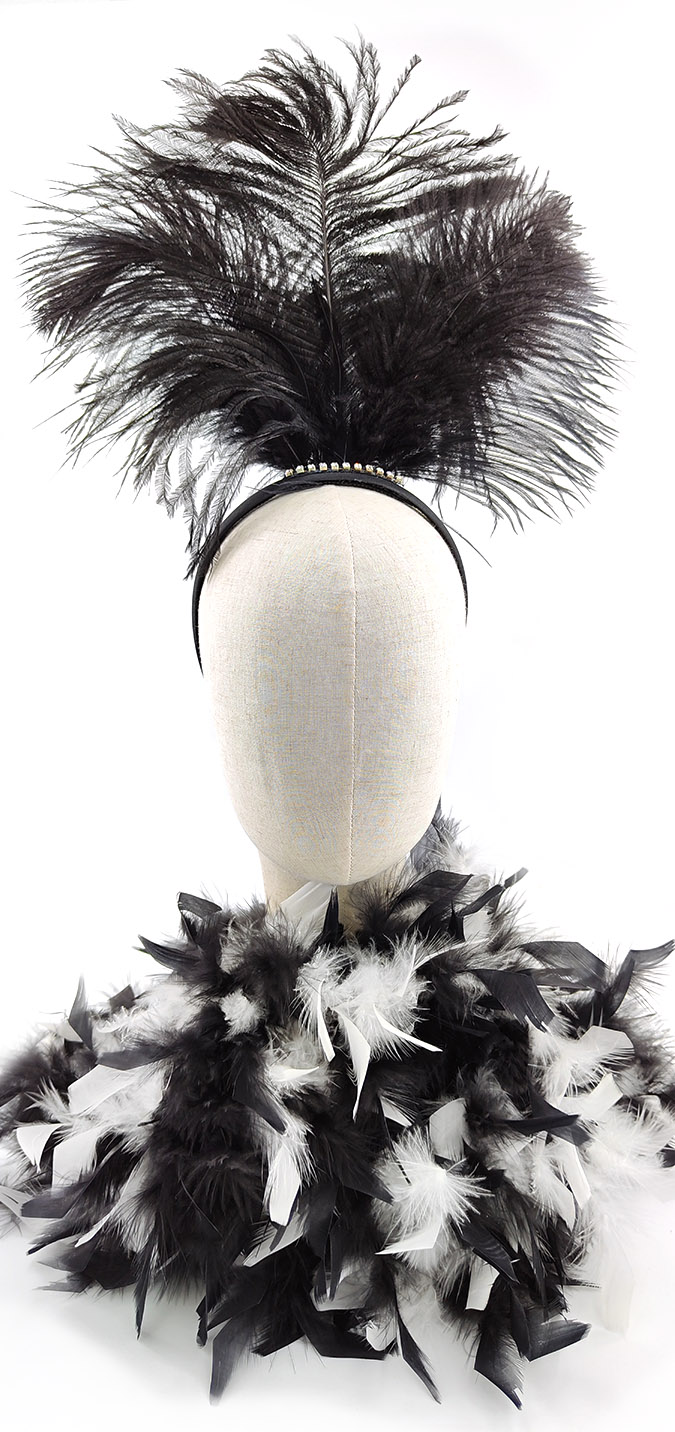 ensemble plume cerre tete boa 2 couleur noir blanc
