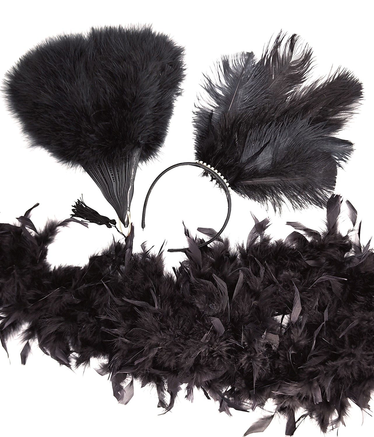 ensemble plume cerre tete boa eventail noir