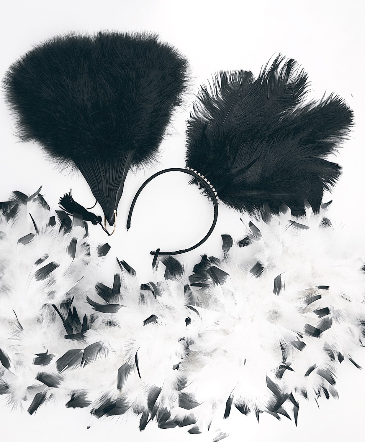 ensemble plume cerre tete boa eventail 2 couleur noir blanc
