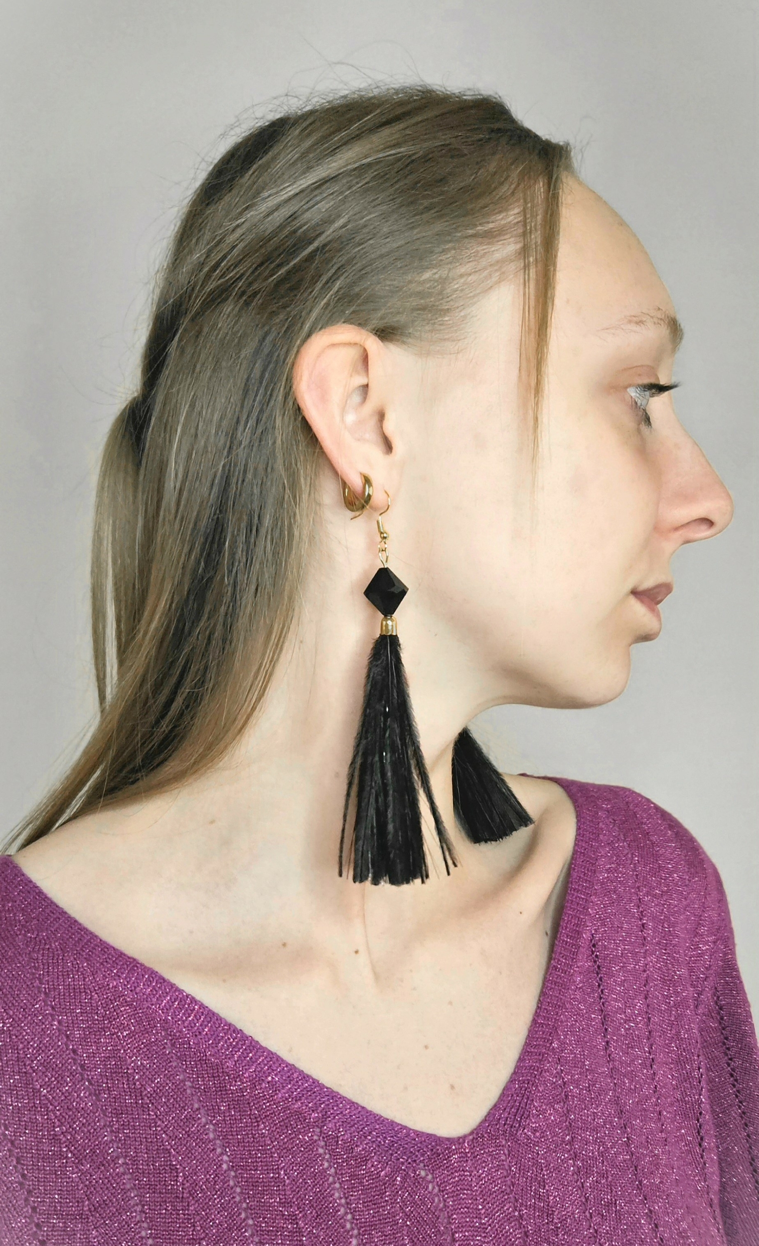 boucle doreilles autruche noire, lurex et perle - 1562-01