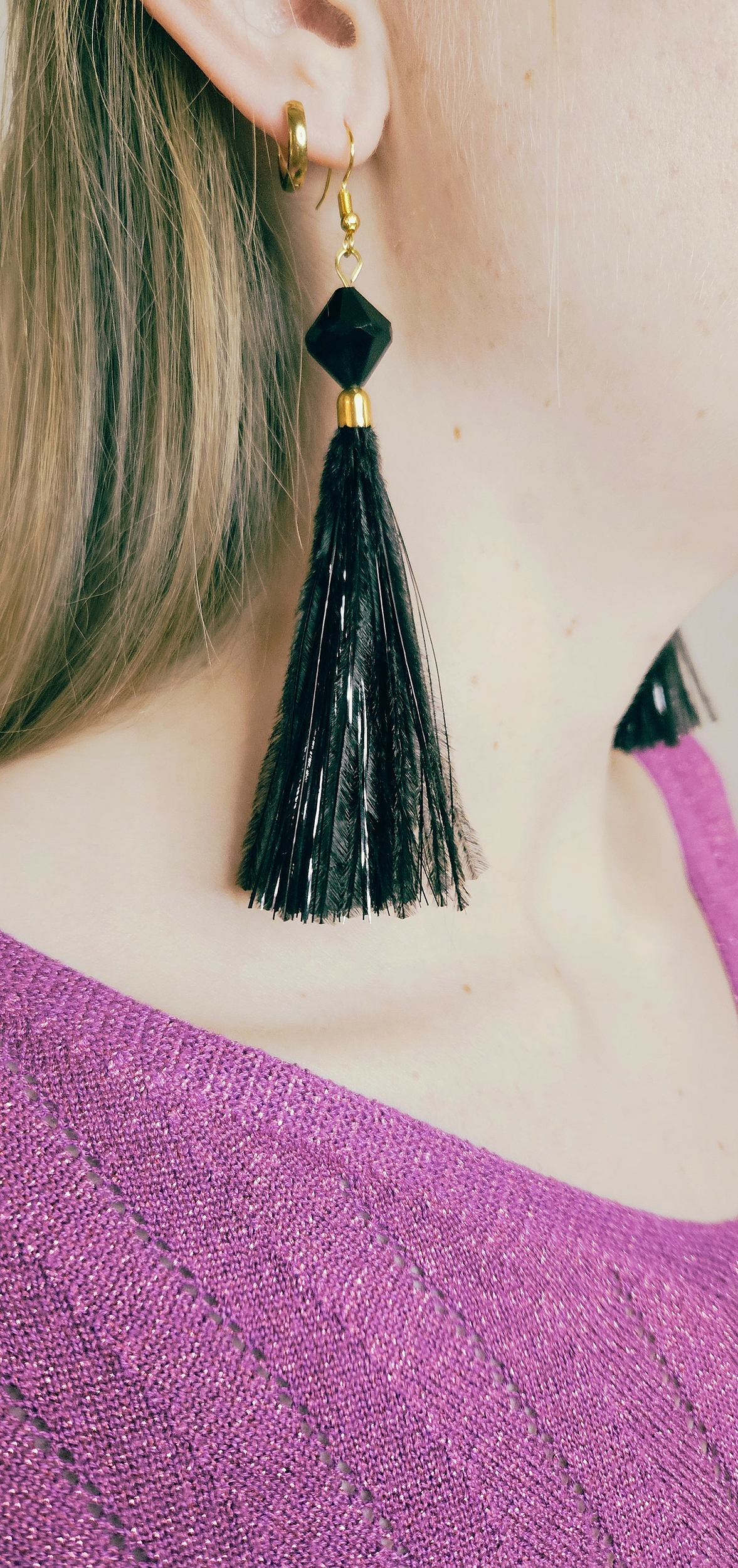 boucle doreilles autruche noire et perle - 1562-01