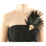 broche plume coq perle dore noir
