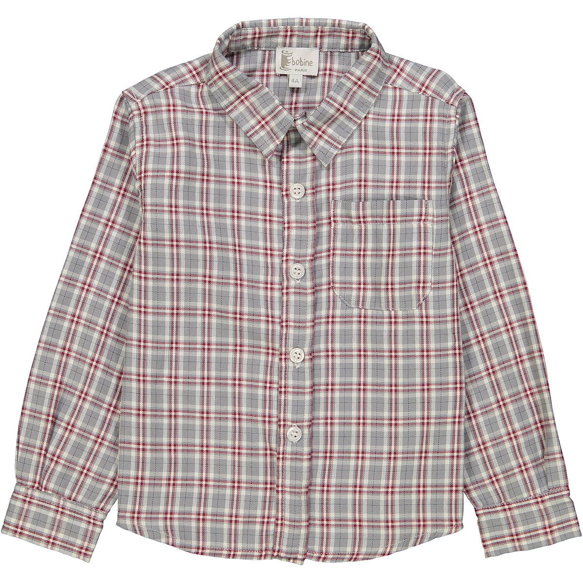 Chemise à col pointu à carreaux gris et rouges <br>Disponible en 4, 10 et 12 ans<br>