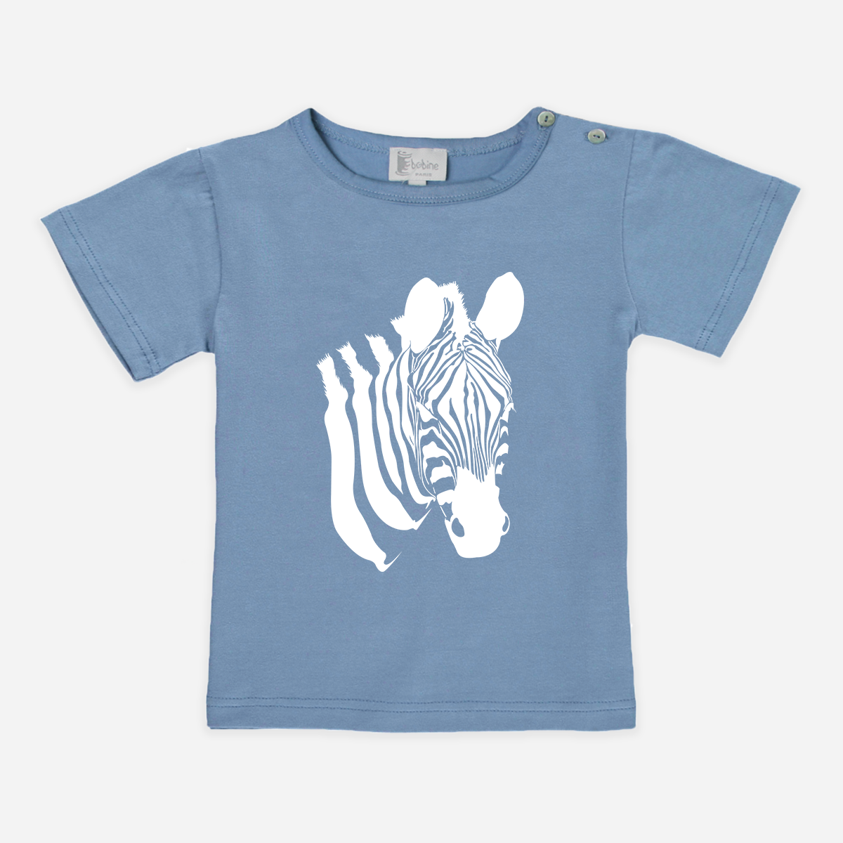 T-shirt col rond bleu ciel imprimé zèbre <br>Dispoible du 18 mois au 6 ans<br>