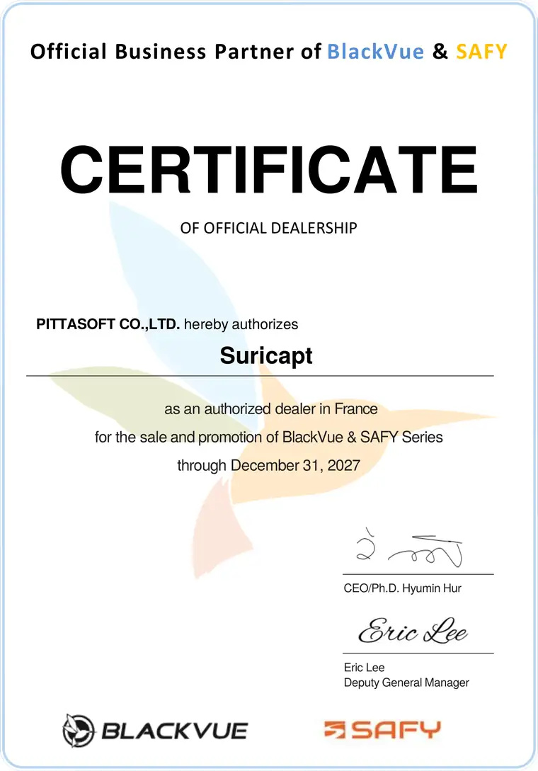 Certificat de revendeur officiel BlackVue de SURICAPT