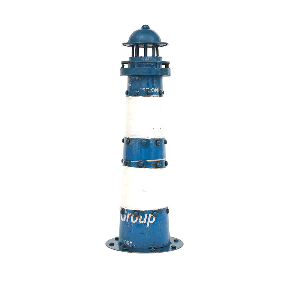 Grand phare marin décoratif bleu, en métal recyclé