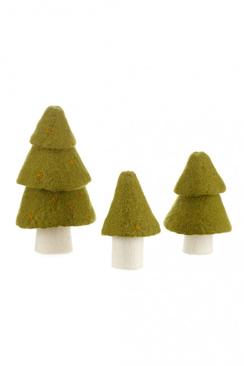 Trio de sapins en laine feutrée vert et jaune-or