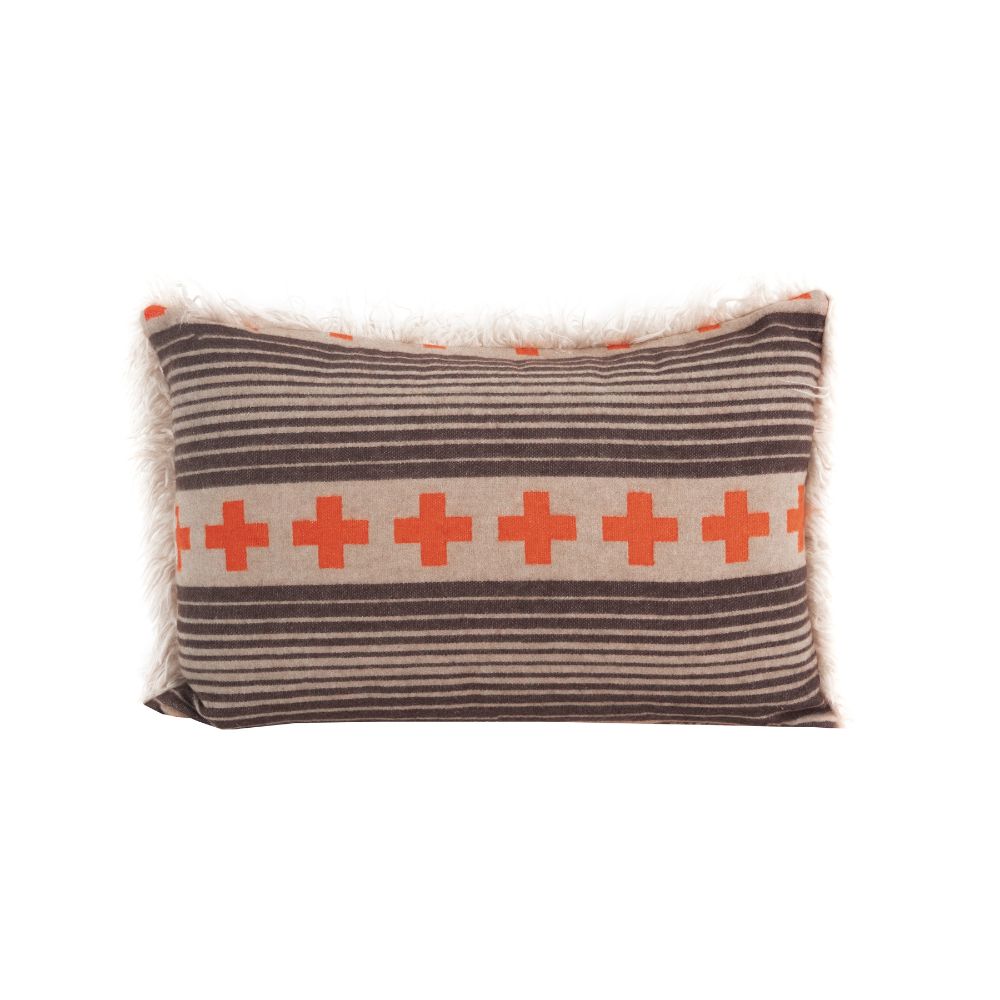 Superbe coussin 70\'s bi-matières croix orange tissées - fourrure, par Bed & Philosophy