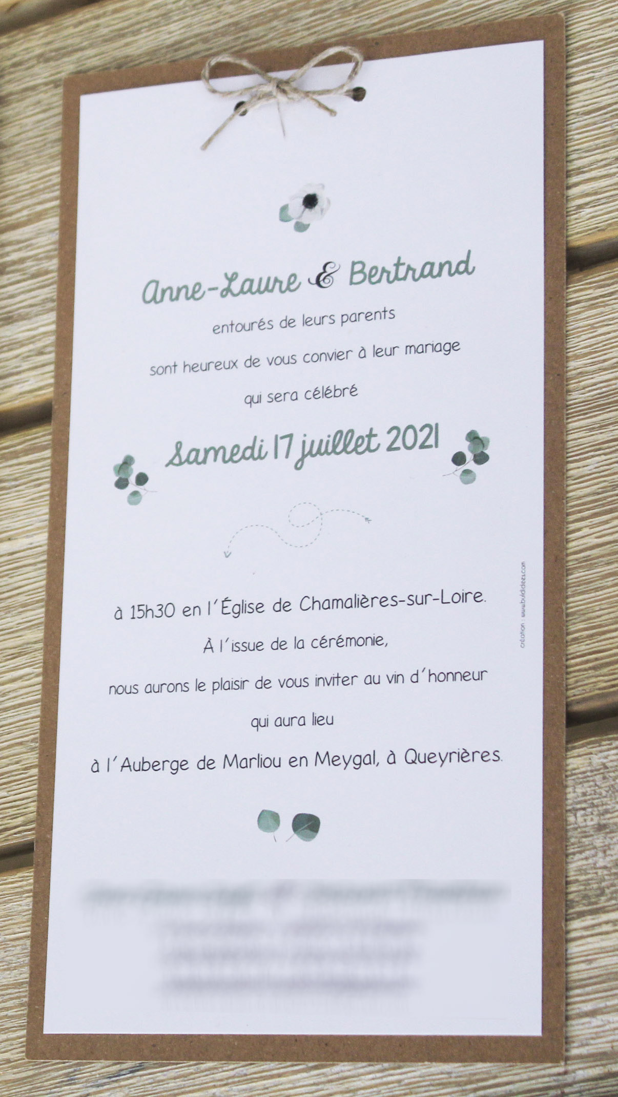 Faire-part Mariage Végétal Eucalyptus et fleurs d'Anémone sur kraft