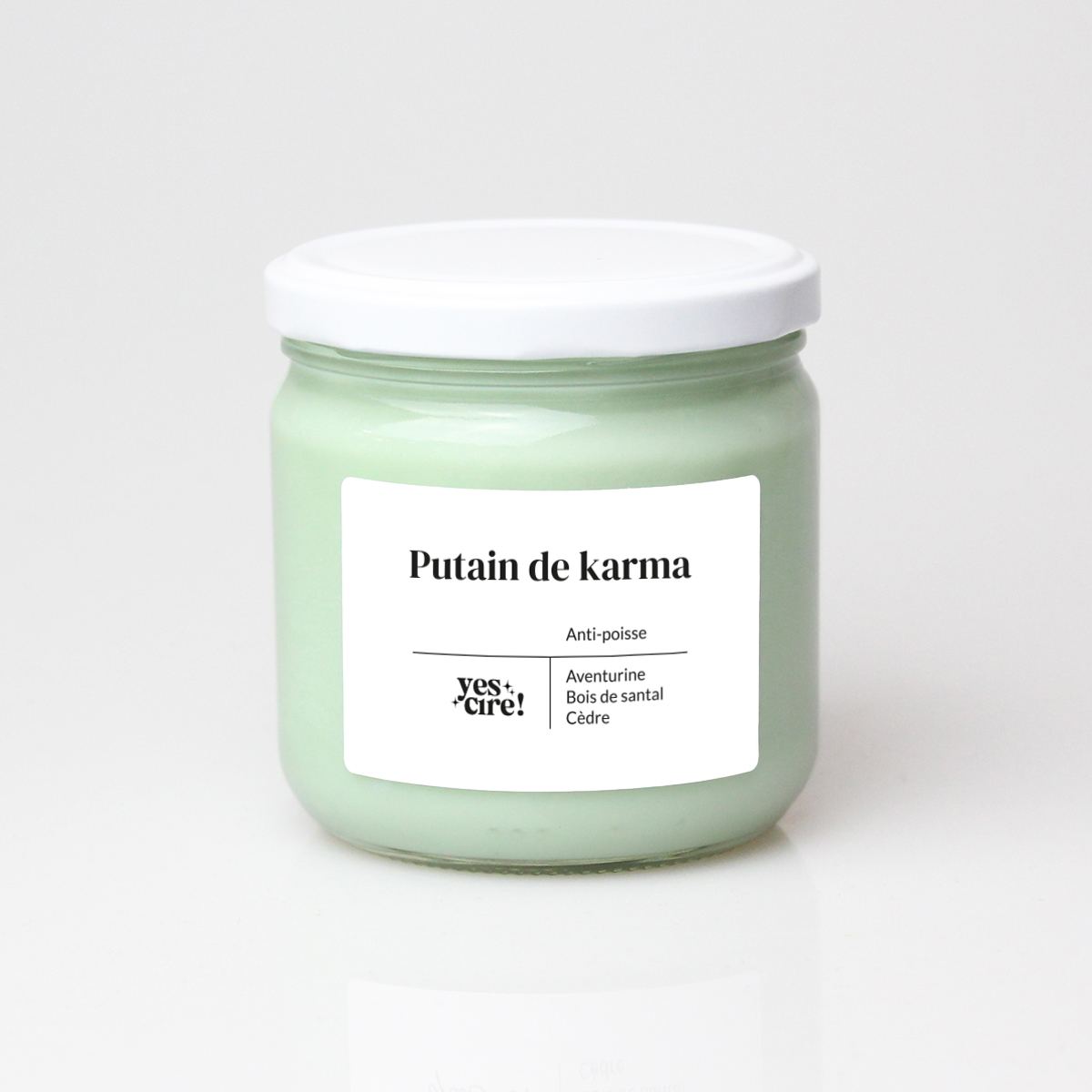 Bougie vegan YesCire, bougie-thérapie "Putain de karma", bougie lithothérapie anti poisse fabriquée en France