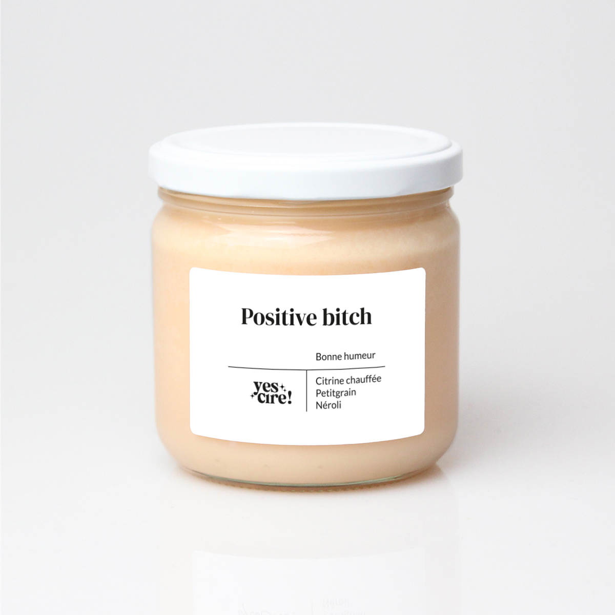 Bougie vegan YesCire, bougie-thérapie "positive bitch", bougie lithothérapie bonne humeur fabriquée en France
