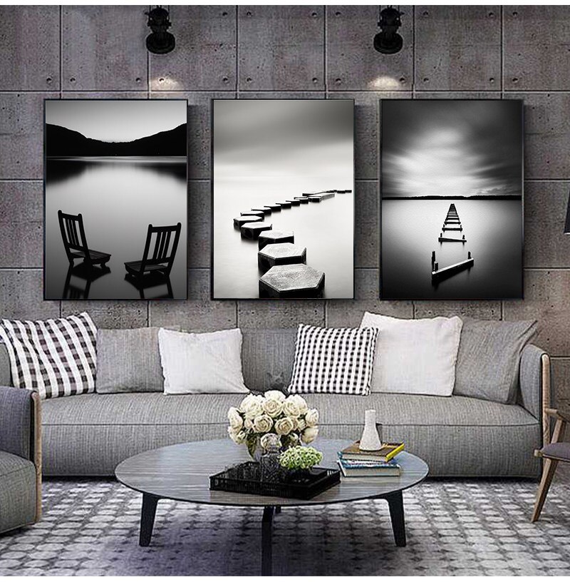 Toile-de-peinture-de-paysage-noir-et-blanc-affiches-de-pont-en-bois-images-imprim-es