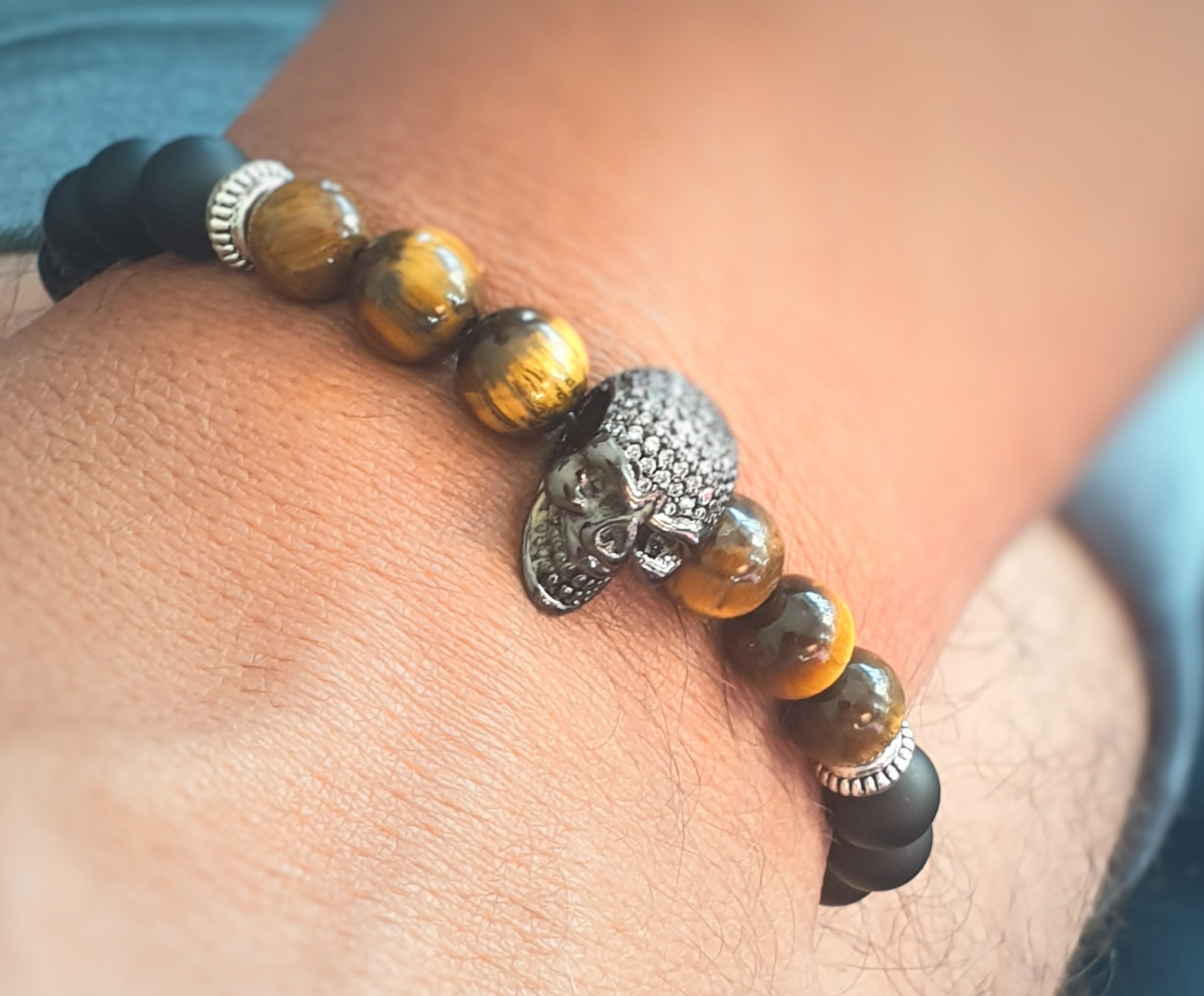 Bracelet homme-perles naturelles-oeil de tigre-agate et obsidienne-Zeus-Bijoux