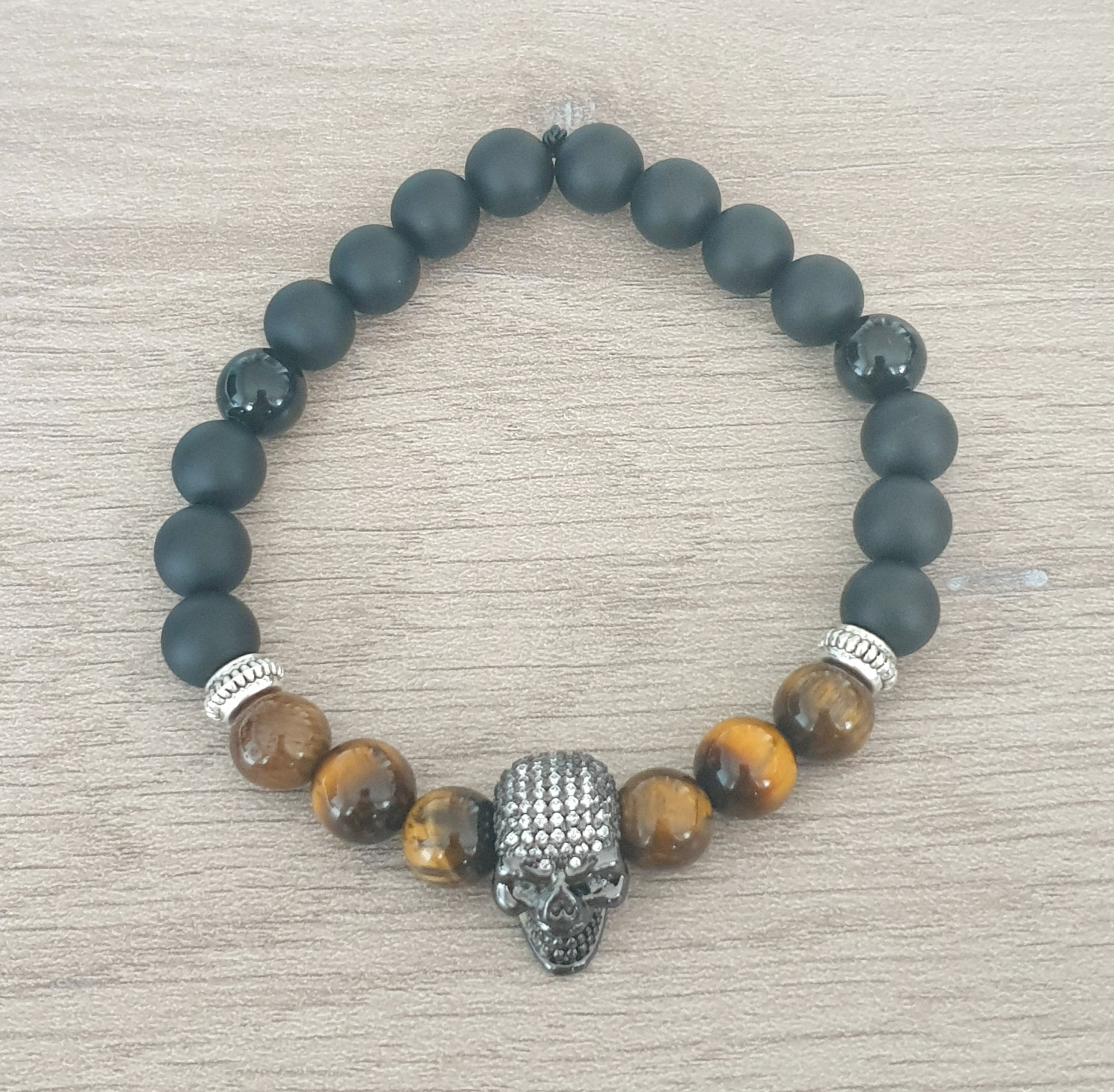 Bracelet homme-perles naturelles-oeil de tigre-agates et obsidienn-Zeus-Bijoux-a plat