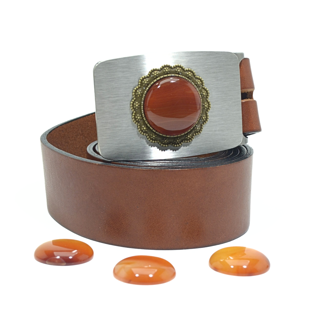 Boucle de ceinture artisanale en acier inoxydable ornée d’une pierre d’agate orange sertie – Metaldart