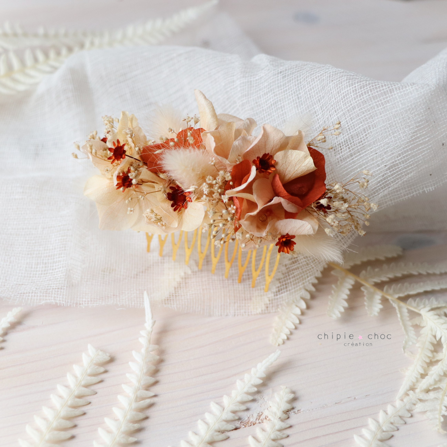 peigne mariée terracotta pêche crème fleurs