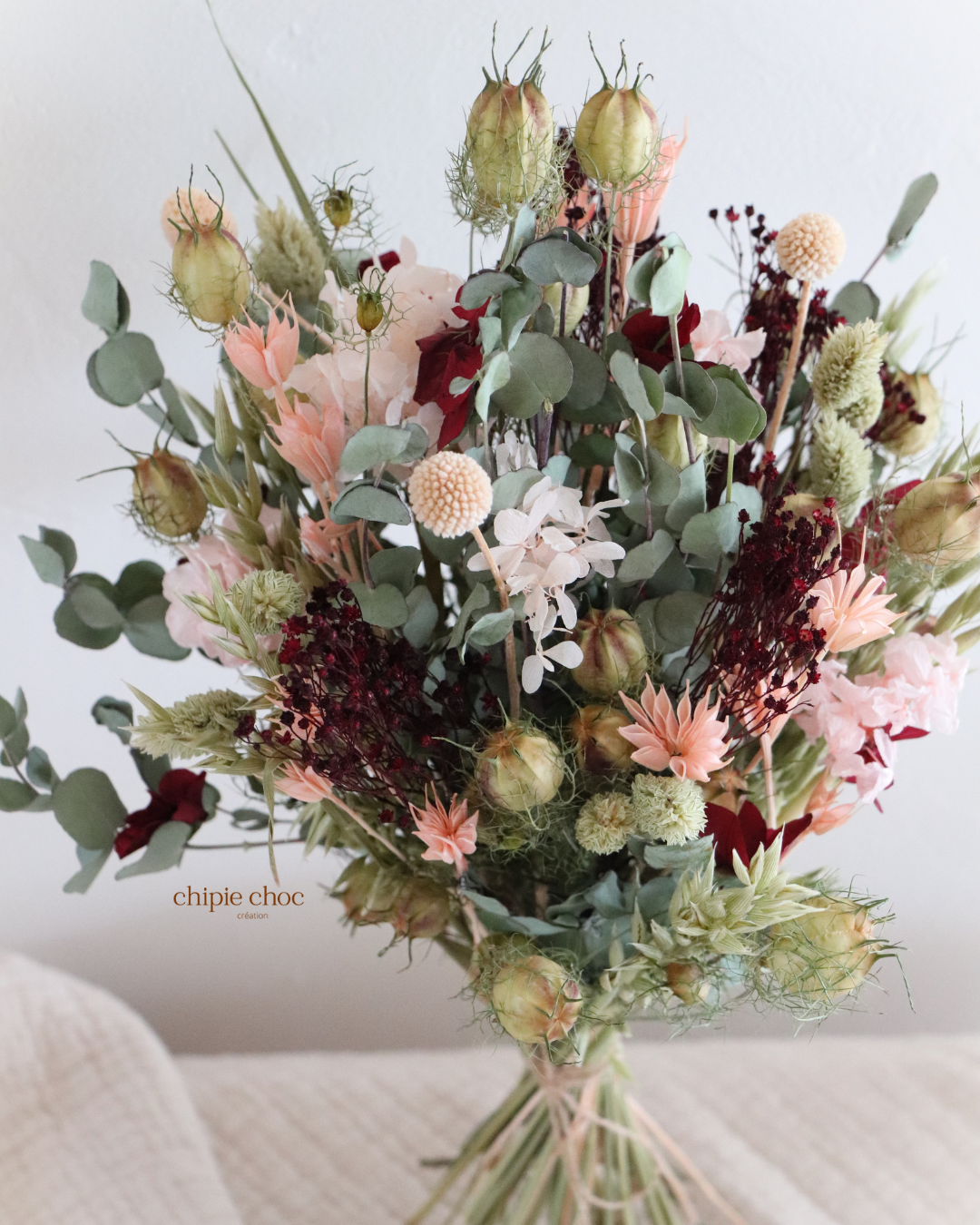 bouquet eucalyptus bordeaux rose