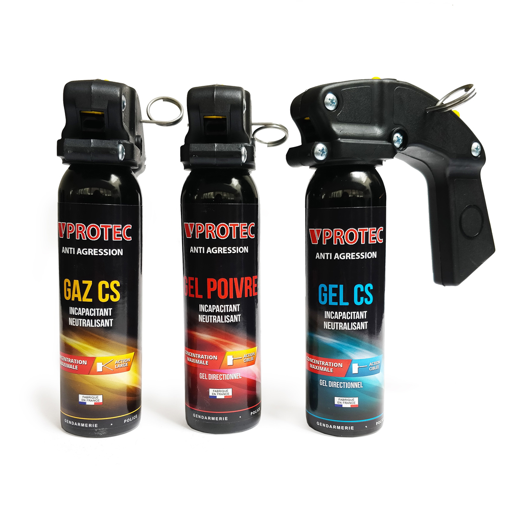 Lot de 3 extincteurs lacrymogènes gaz, gel et gel poivre 100ml
