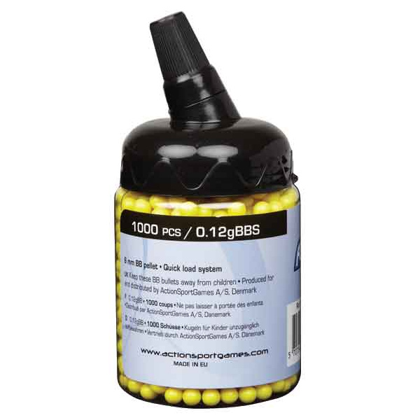 Billes airsoft 6 mm 0,12 g ASG jaunes, biberon de 1000