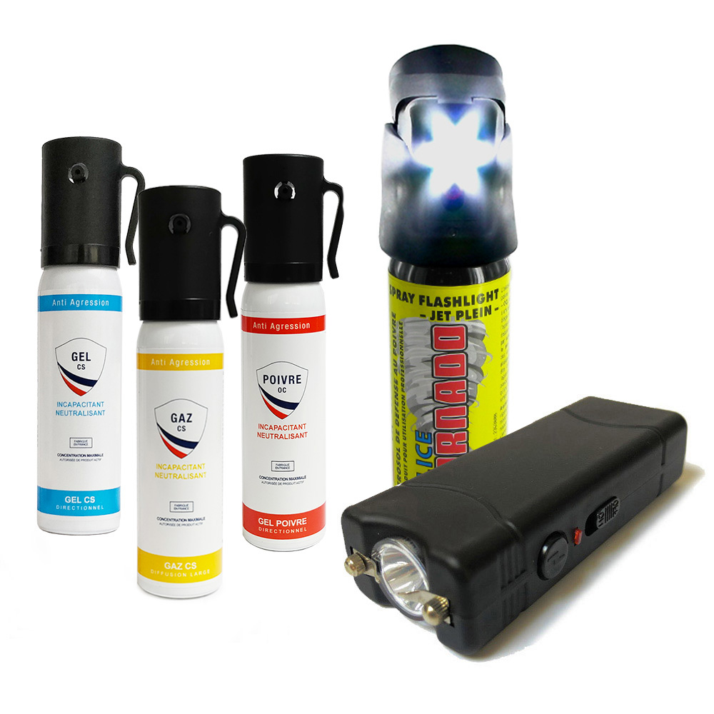 Pack défense 5 pièces : 3 bombes lacrymogènes 25 ml, shocker, aérosol LED