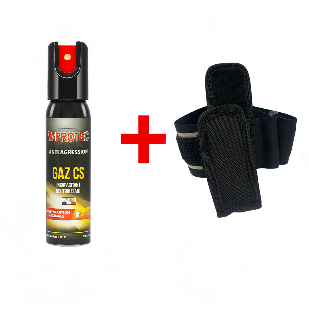 Bombe lacrymogène gaz CS 25 ml VPROTEC avec brassard porte-aérosol noir