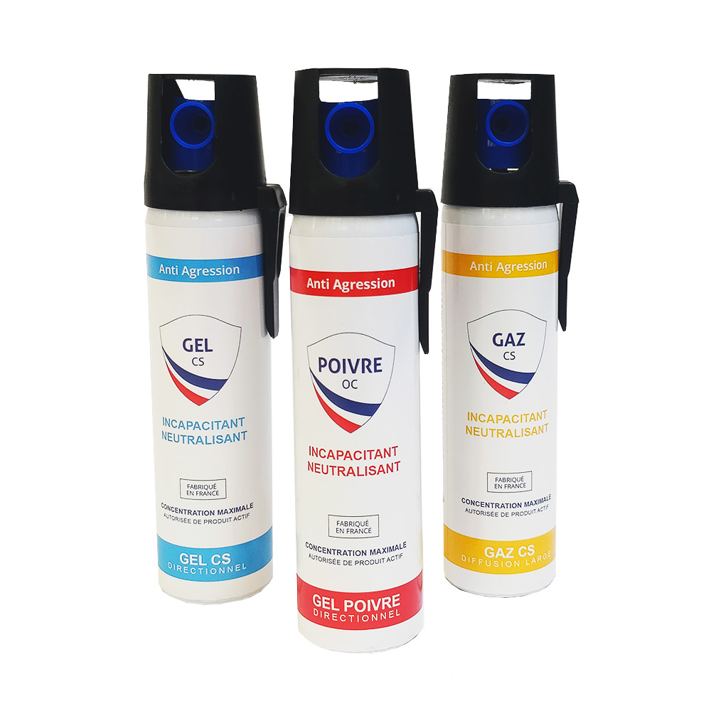 Lot de 3 bombes lacrymogènes 75 ml : gaz CS, gel CS et gel poivre