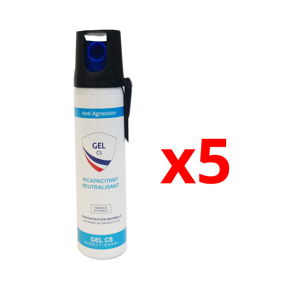 Lot de 5 bombes lacrymogènes gel CS 75 ml à jet directionnel