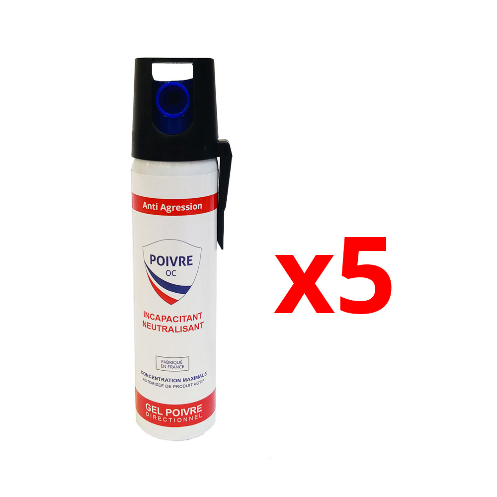 Lot de 5 bombes lacrymogènes gel poivre 75 ml à jet directionnel