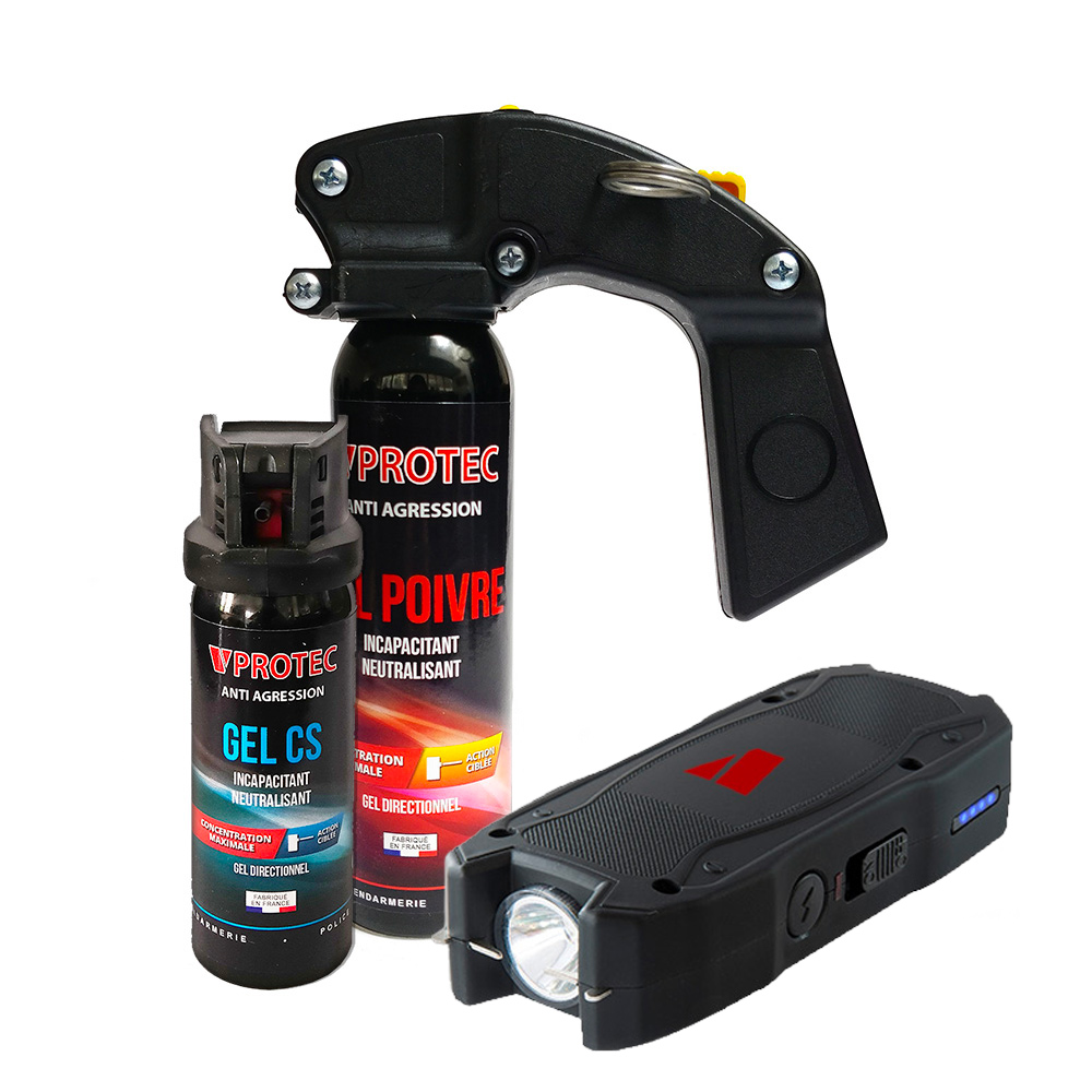 Pack défense commerce VPROTEC : shocker VP3000, gel CS 50 ml, poivre 100 ml