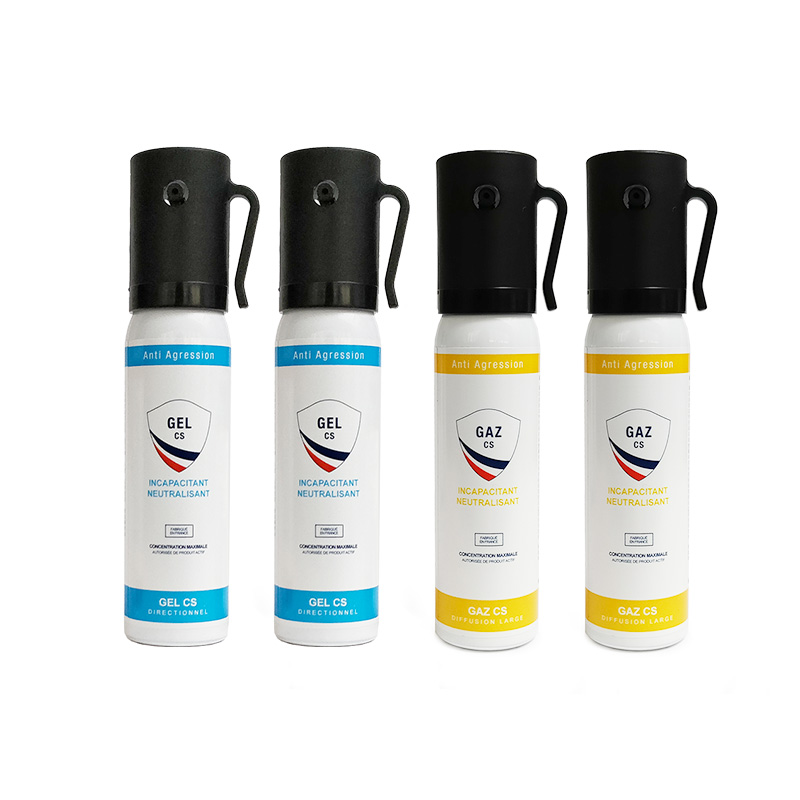 Lot de 4 bombes lacrymogènes 25 ml : 2 au gaz CS et 2 au gel CS