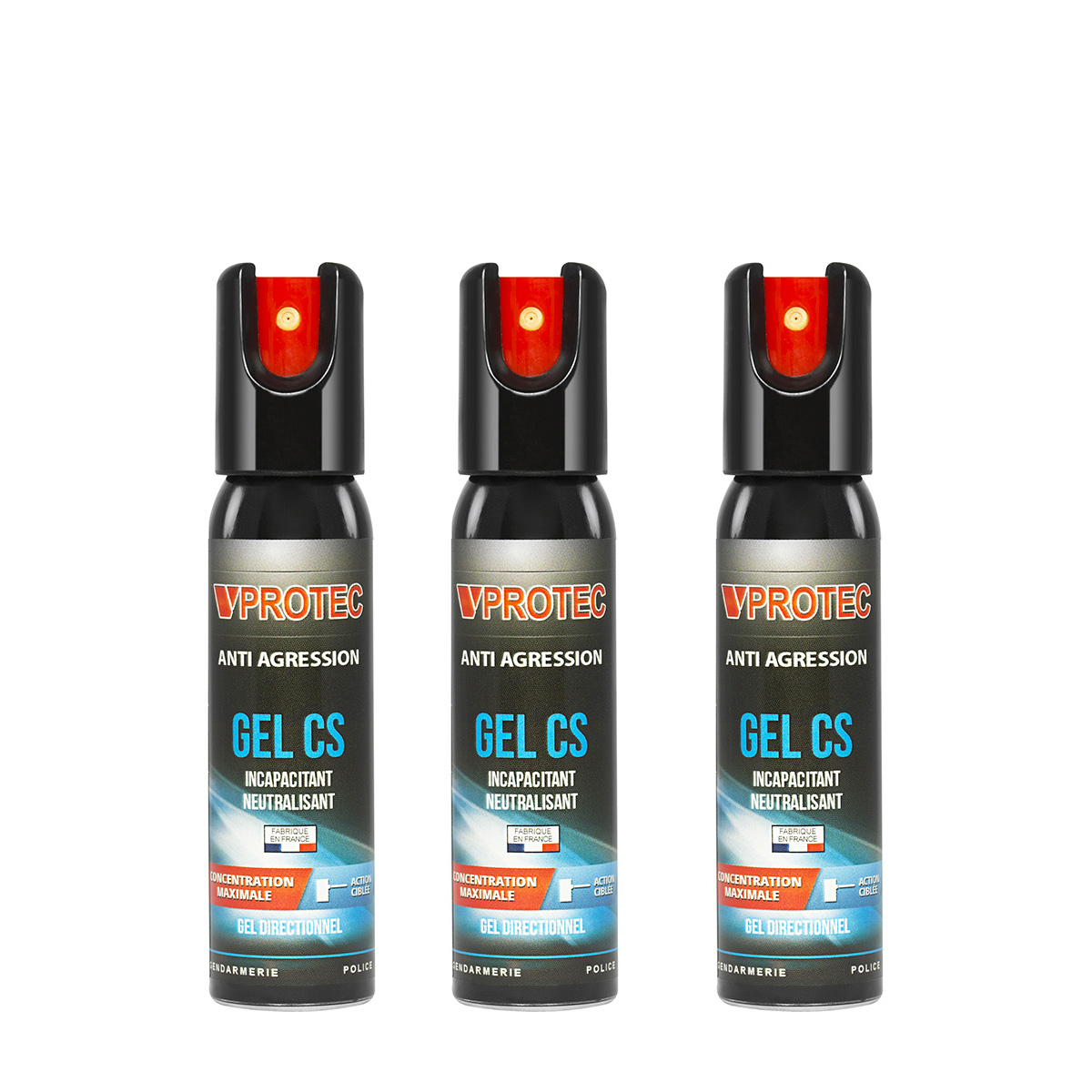 Lot de 3 bombes lacrymogènes gel CS 25 ml VPROTEC Impact