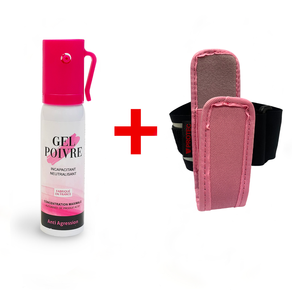 Bombe lacrymogène gel poivre 25 ml rose avec brassard porte-aérosol