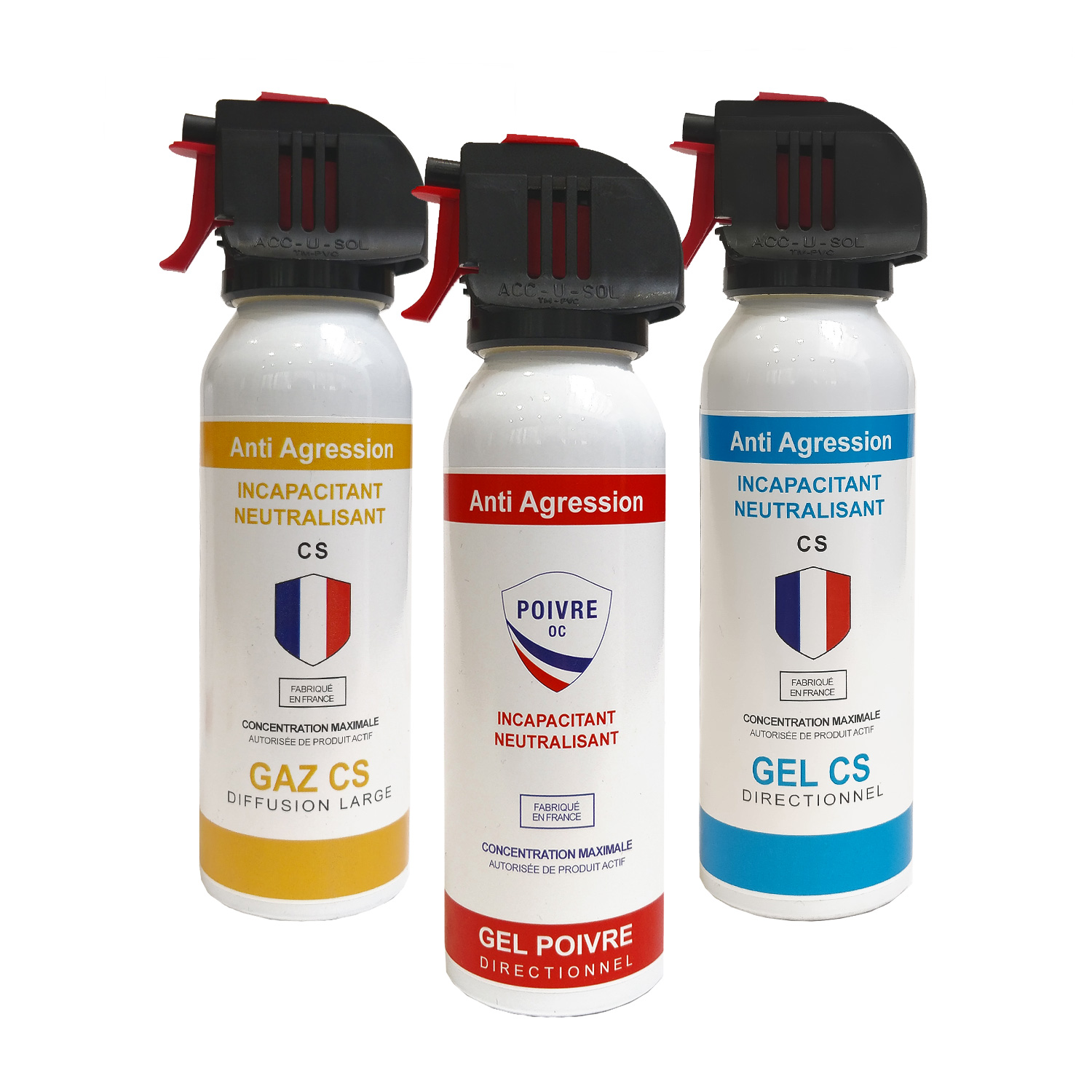 Lot de 3 bombes lacrymogènes 100 ml gaz, gel, poivre à tête Accusol