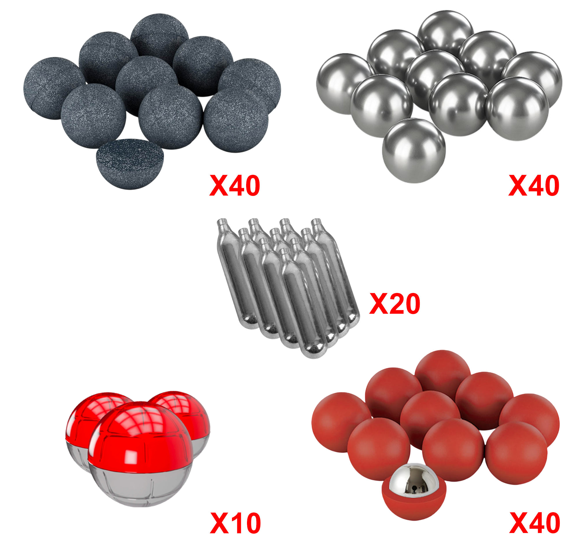 Pack munitions T4E calibre .68 : 130 billes métal, acier, poivre + 20 CO2