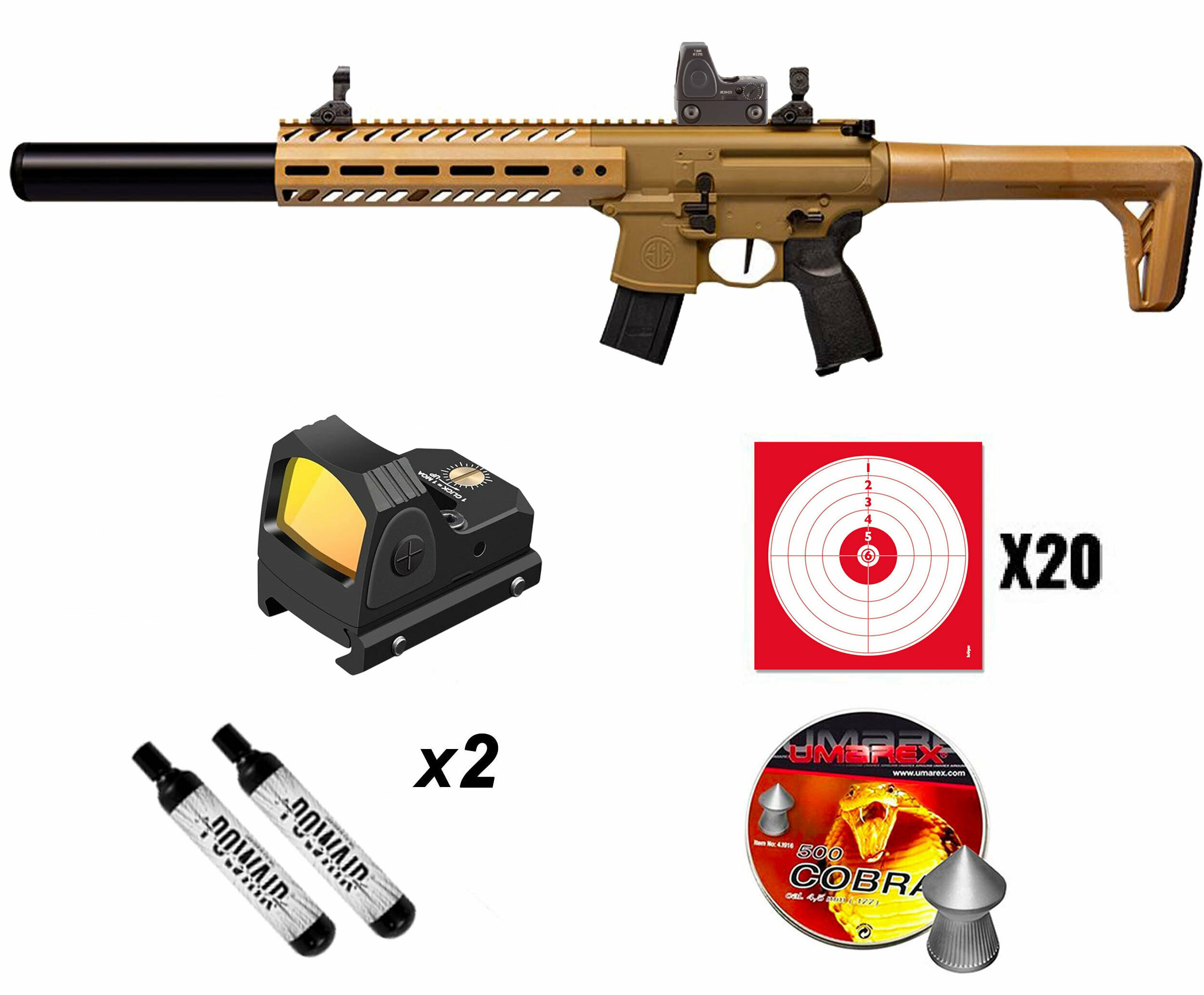 Pack carabine CO2 Sig Sauer MCX Air Gen2 sable 4,5 mm 7,3 J, viseur reflex
