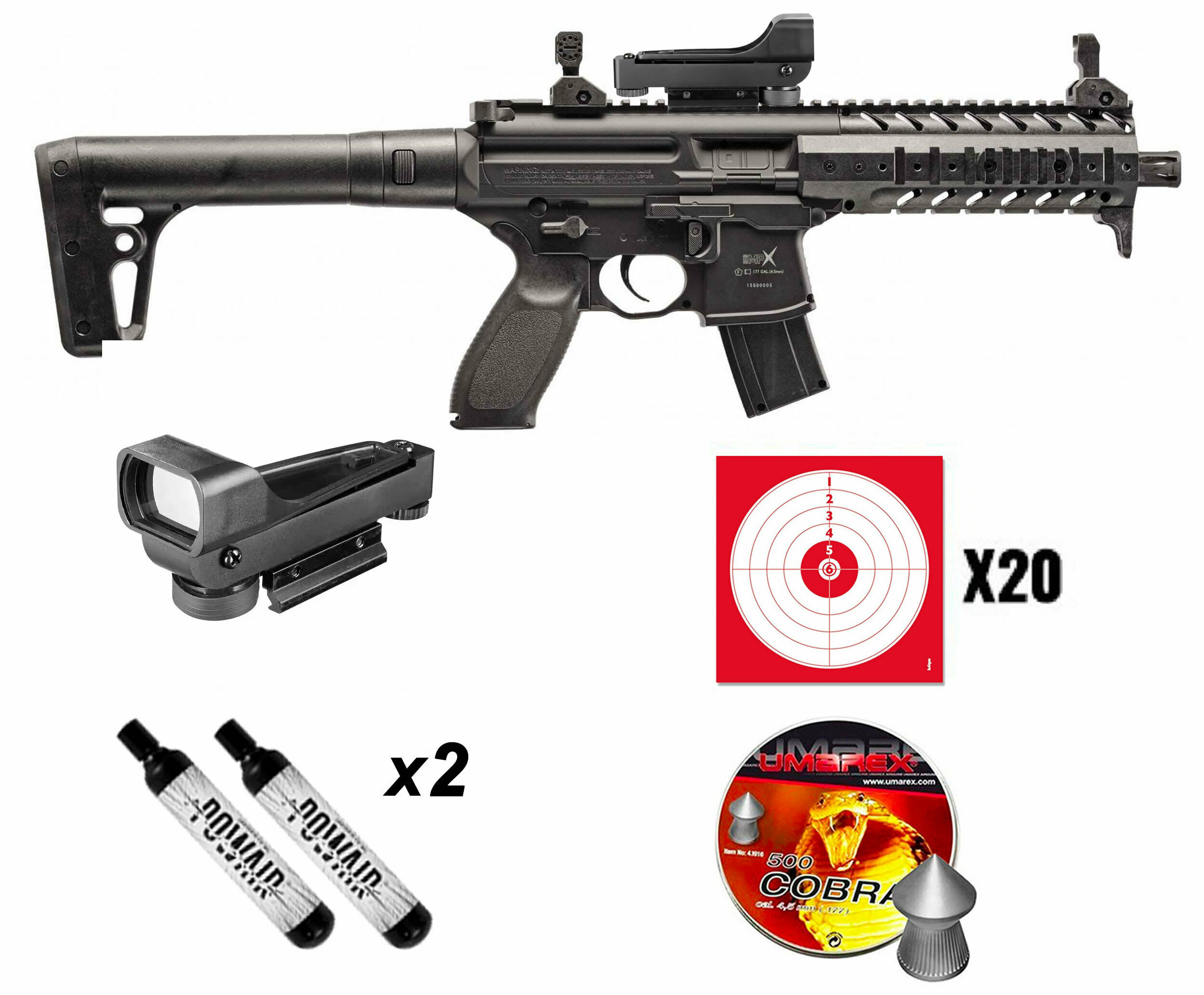 Pack carabine CO2 Sig Sauer MPX 4,5 mm 6,7 J, point rouge, plombs et CO2