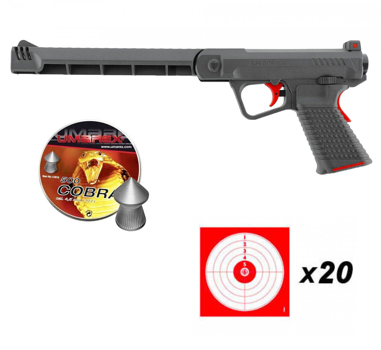 Pack pistolet à plomb Umarex SPA 100 4,5 mm 3 joules, plombs et cibles