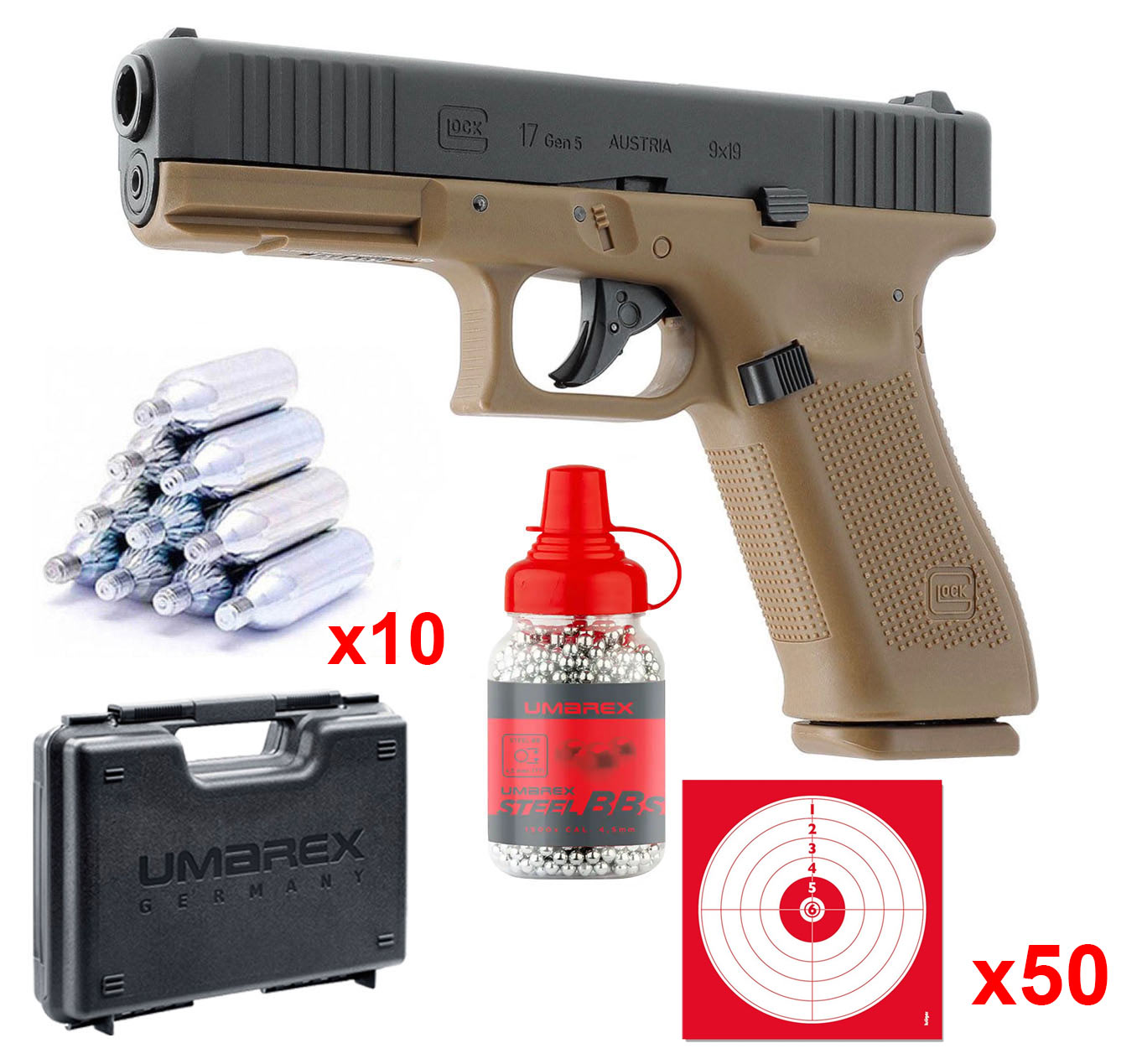 Pistolet CO2 Glock 17 Gen5 Black Coyote 4,5 mm BB 3 joules en pack