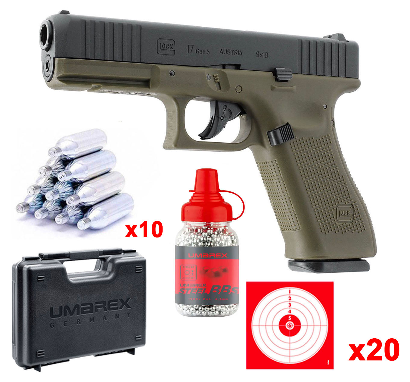 Pistolet CO2 Glock 17 Gen5 Battlefield Green 4,5 mm BB 3 joules en pack