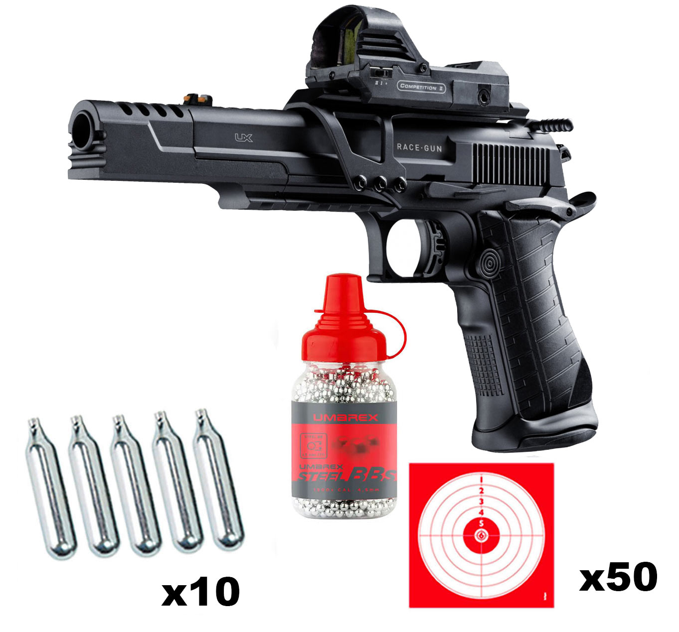 Pistolet CO2 Umarex Racegun blowback 4,5 mm BB, pack billes et cibles
