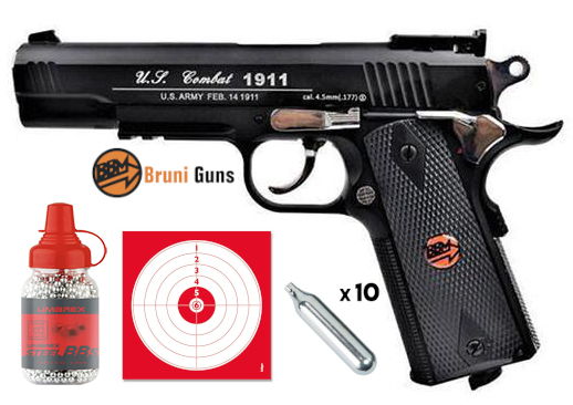 Pistolet CO2 Bruni US Combat 1911 noir 4,5 mm BB, pack avec mallette