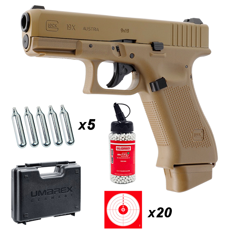 Pack pistolet airsoft Glock 19X coyote CO2 6 mm 1,6 joule 14 coups