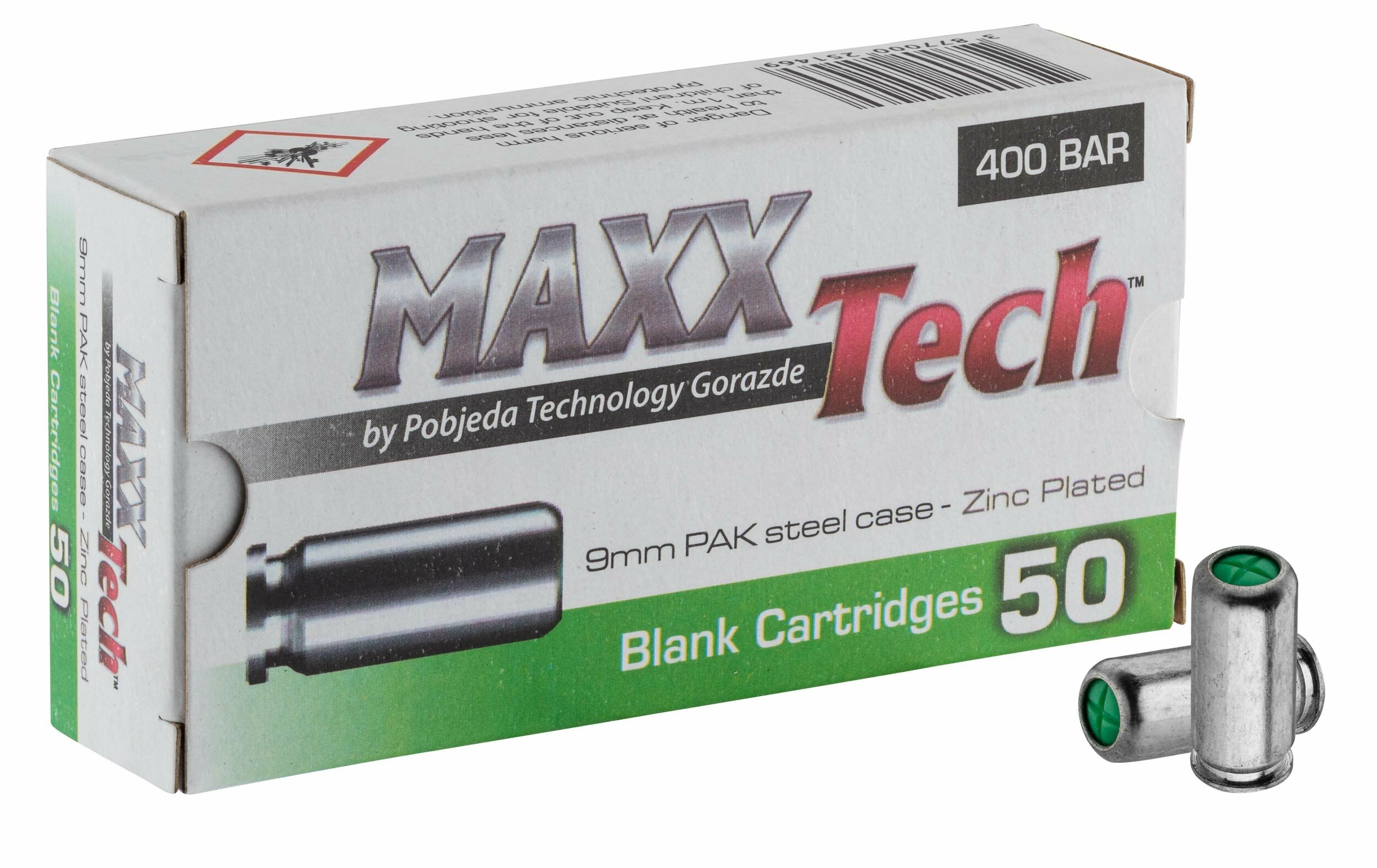 Cartouches à blanc 9 mm PAK MaxxTech étui acier zingué, boîte de 50