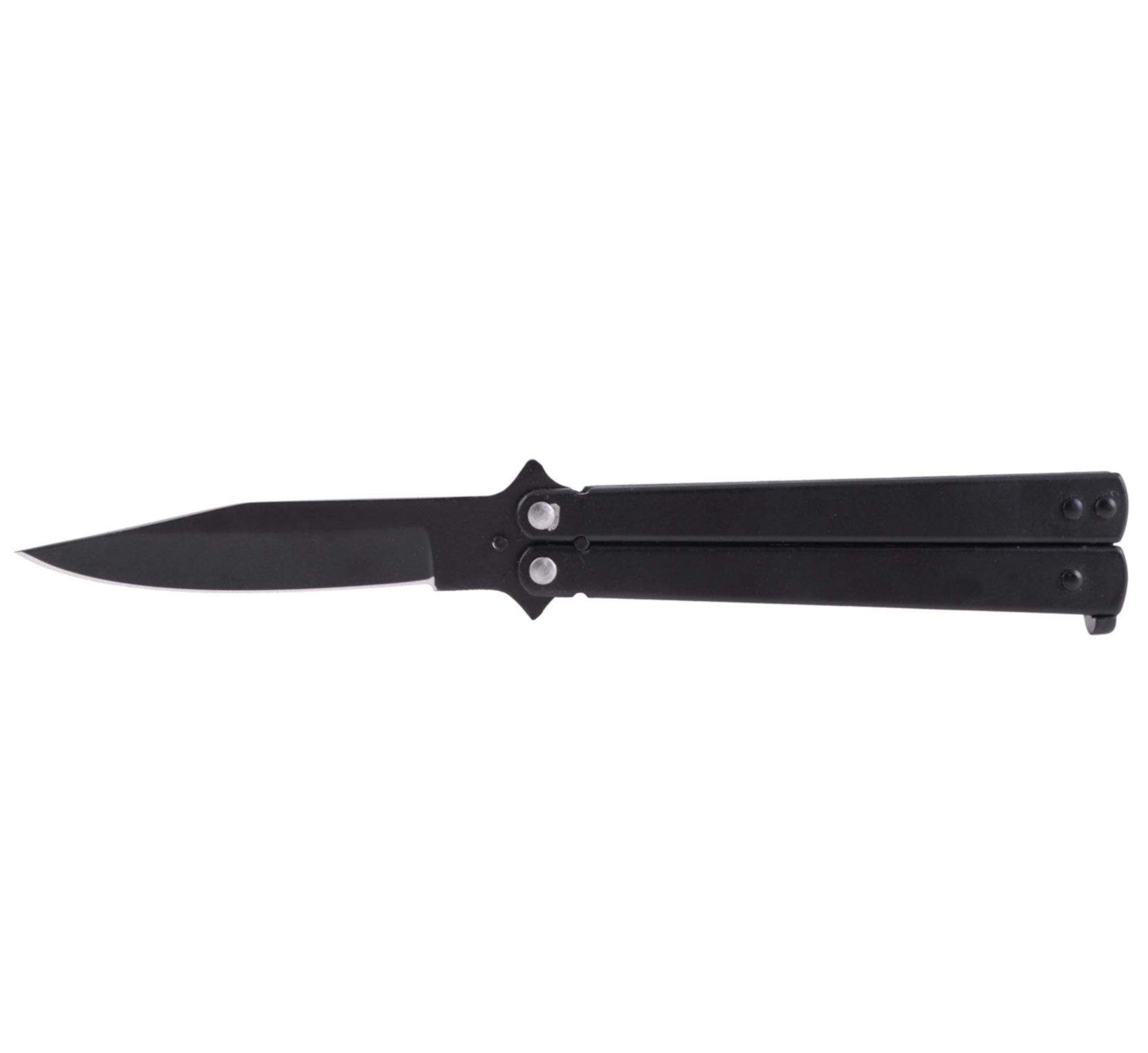 Couteau papillon noir tout acier, lame 9,5 cm, 22 cm ouvert