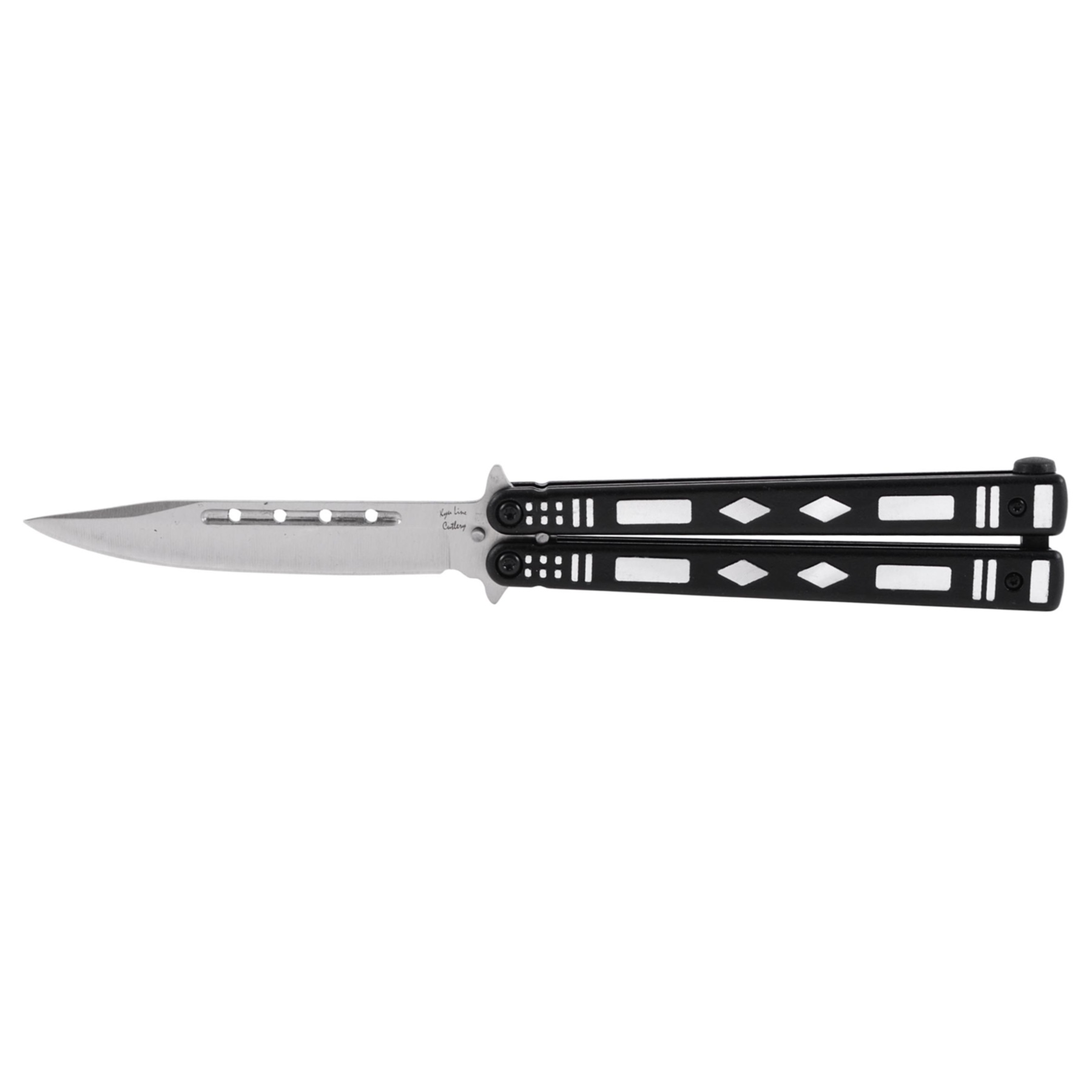 Couteau papillon manche ABS noir décoré, lame inox 10 cm, 23 cm