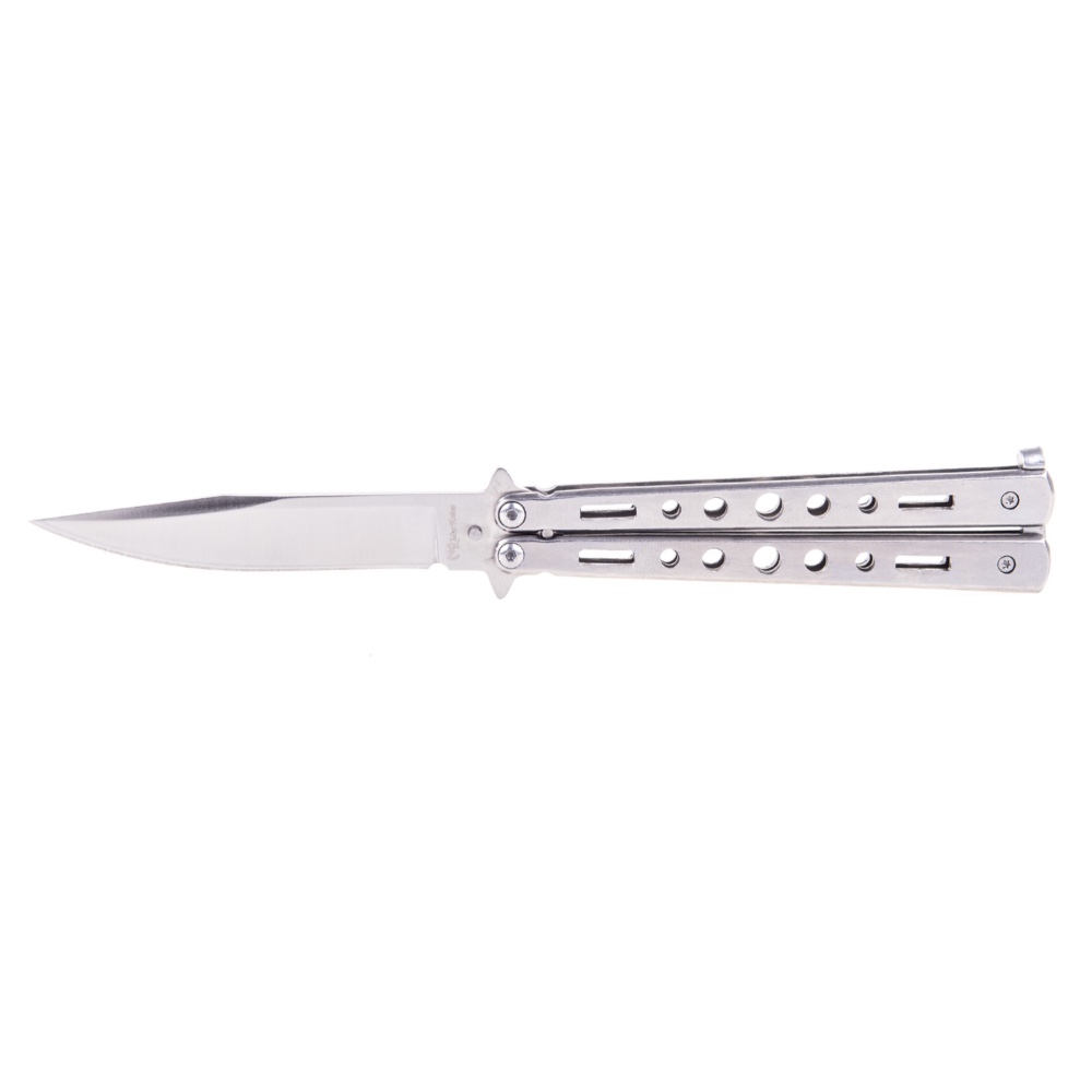 Couteau papillon métal gris ajouré, lame inox 10 cm, 134 g