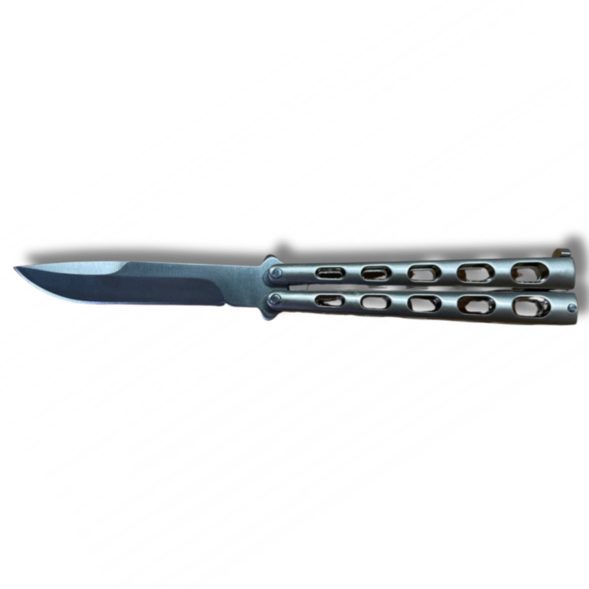 Couteau papillon gris manche ajouré, lame acier 420 de 9 cm